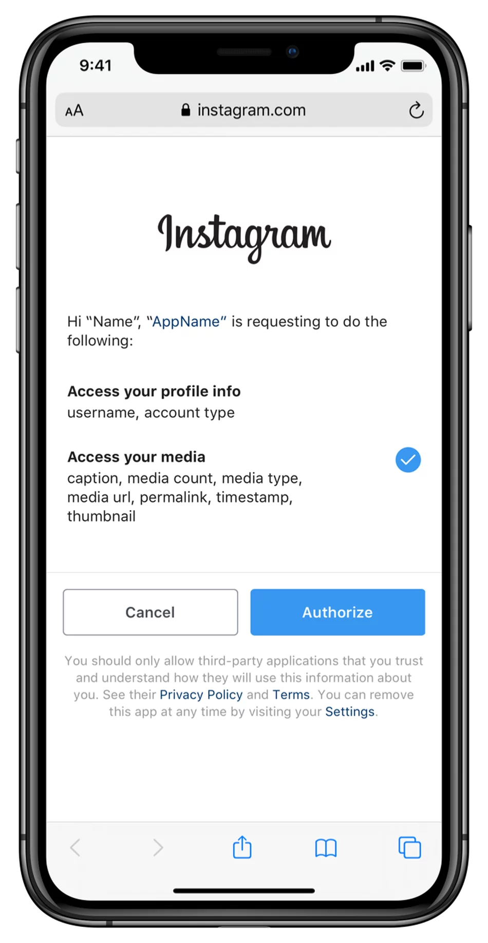 Instagram'ın Apps and Websites sekmesi